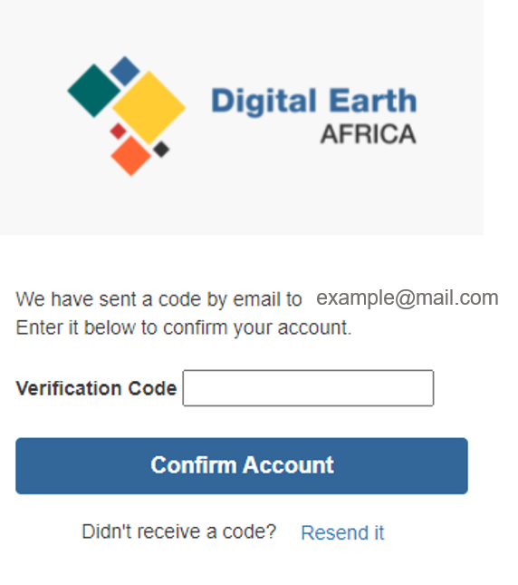 The DE Africa Sandbox new user confirm account page.