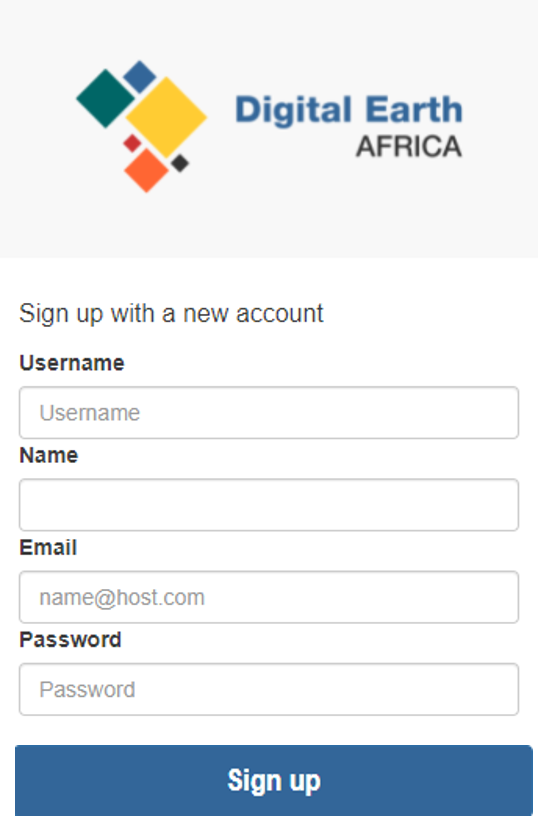 The DE Africa Sandbox new user registration page.